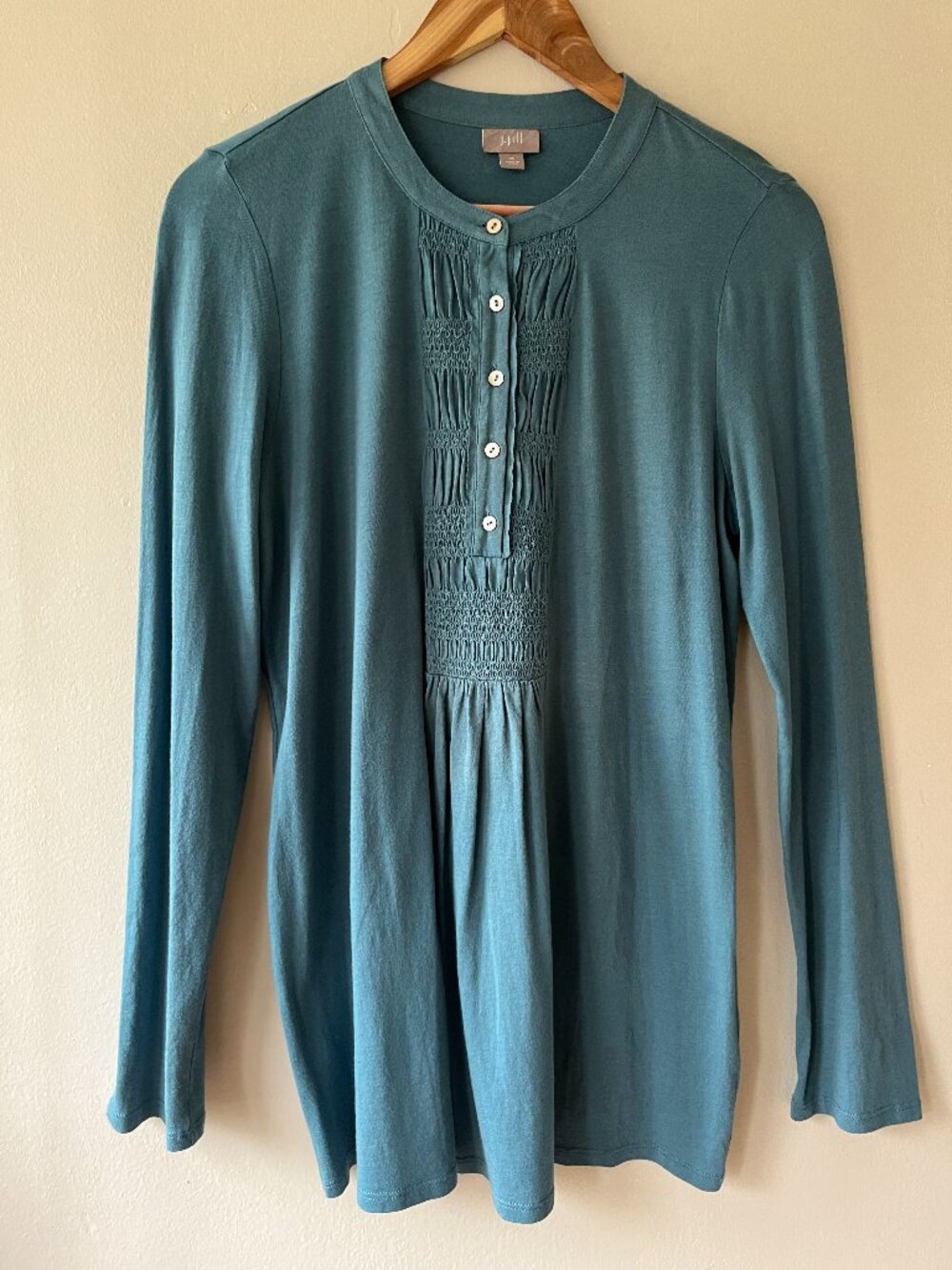 J. Jill Sz M Pullover Teal Green Song Sleeve Blouse Top Button Placket
